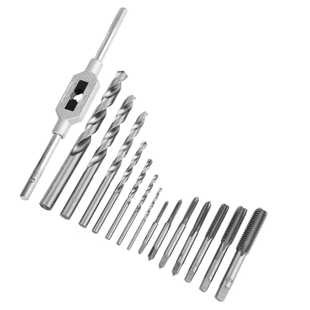 15Pcs Alloy Steel Tap Wrench Screw Taps Twist Drill Bit Set Metal Processing Tools