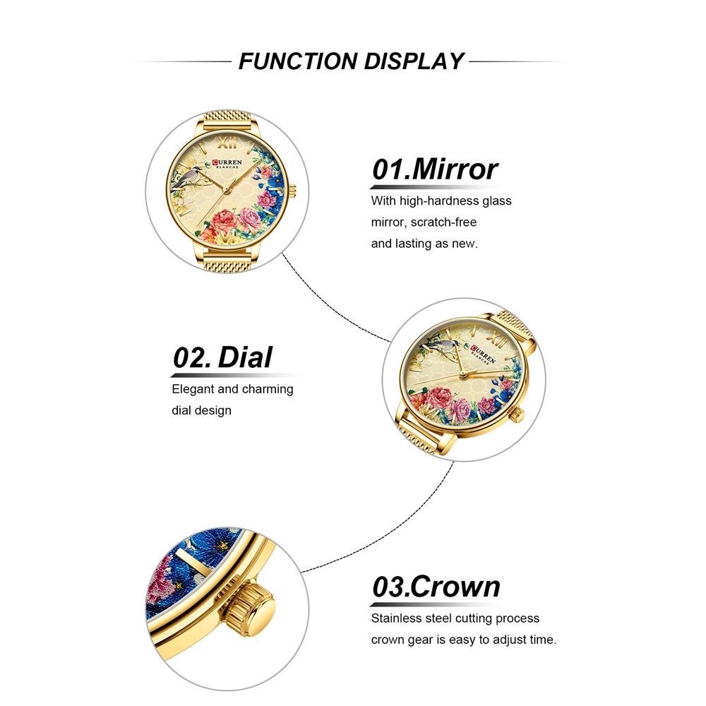 CURREN Frauen Uhren CURREN Schwarz Uhr Edelstahl Mesh Quarz Armbanduhr Weibliche Casual Charme Uhr für Damen Relogios feminino