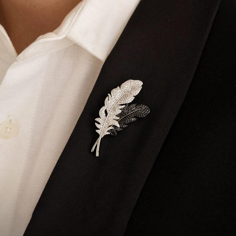 Black and White Feather Minimalist Stud Elegantly Set with Diamonds Feather Brooch Unique Design Pin