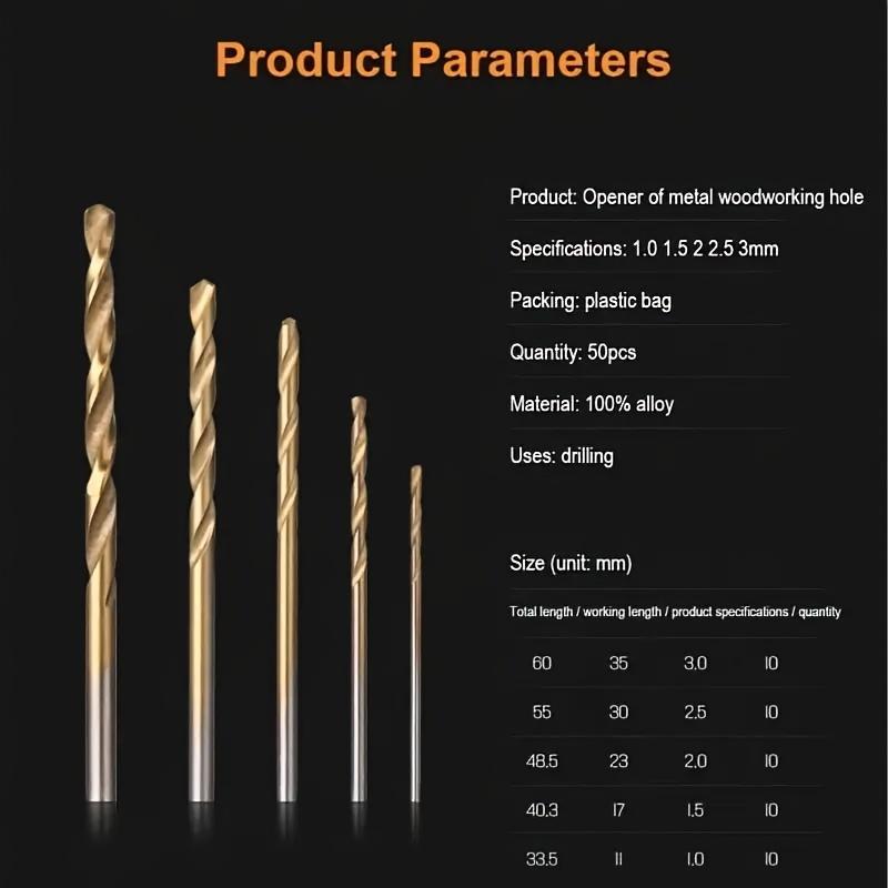 50pcs Titanium Coated High-Speed Steel Drill Bit Set - High-Quality 135° Point, Suitable for DIY Crafts, Woodworking, Engraving, and Jewelry Making