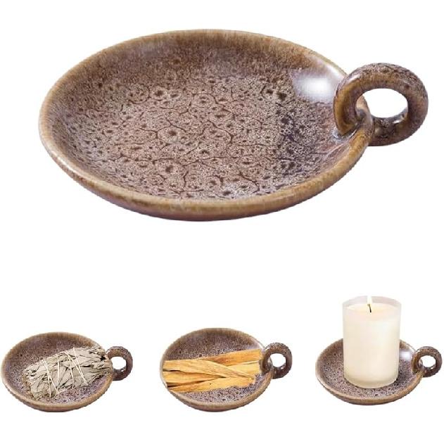 1pack Vintage Ceramic Candle Holders with Handle, Round Farmhouse Ceramic Plate Tray,Sage Holder for Burning,Incense Holder for Meditation Room Home