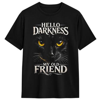 Leisure Hello Darkness My Old Friend Funny Black Cat Lover T-Shirt Men Round Collar Pure Cotton T Shirt  Short Sleeve Tees Gift