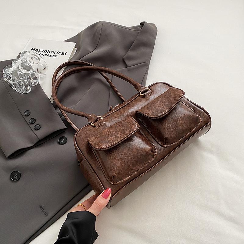 

LEFTSIDE Маленькие сумки на плечо с двойными карманами для женщин 2025 Новый модный тренд Дизайнерская сумка под мышкой Женские сумки и кошельки 27cmx15cmx7cm кофейный