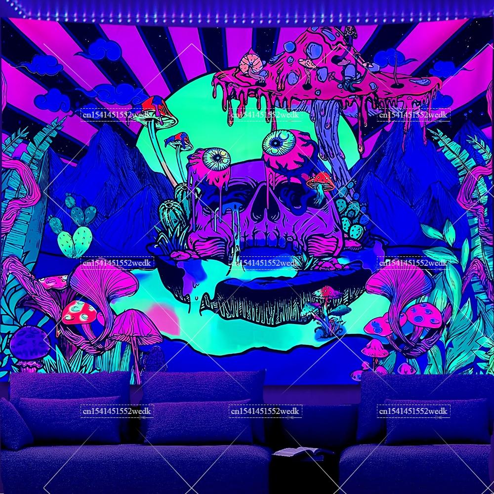 Hippie Lebka Oči Černobílá Tapiserie UV Reaktivní Hory Kaktusy Rostliny Svítící Ve Tmě Tapiserie Estetické Neonové Tapiserie
