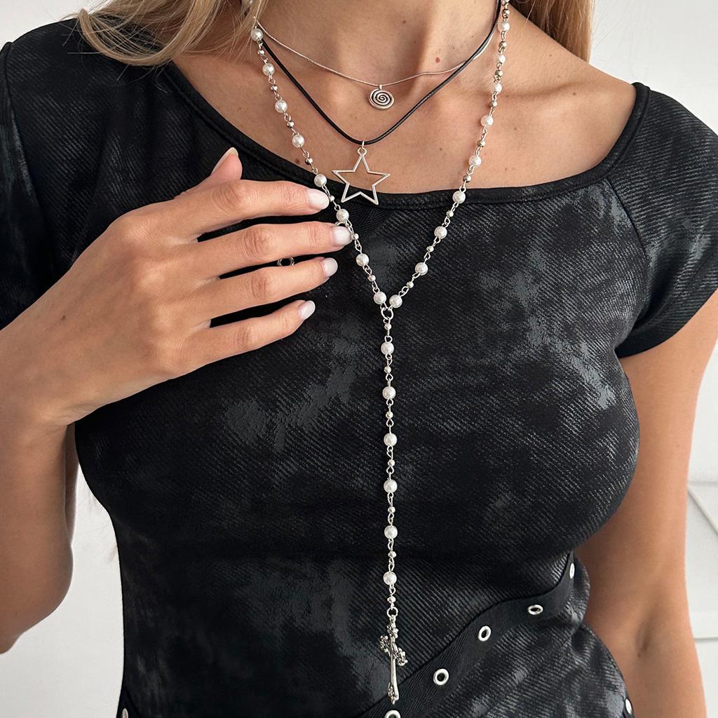 Hip-Hop Imitationspärlkedja Långt Halsband, Personlig Femuddig Stjärna Kors Hänge Staplat Halsband