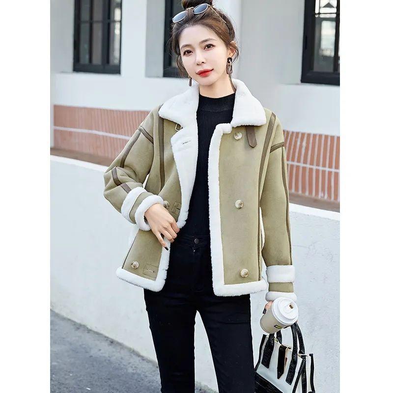 

Куртка из оленьей кожи с мехом и интегрированной овечьей шерстью, женская, короткая, новая, осенне-зимняя, утолщенная овечья шерсть, локомотивная одежда прилив S (up to 50 kg)