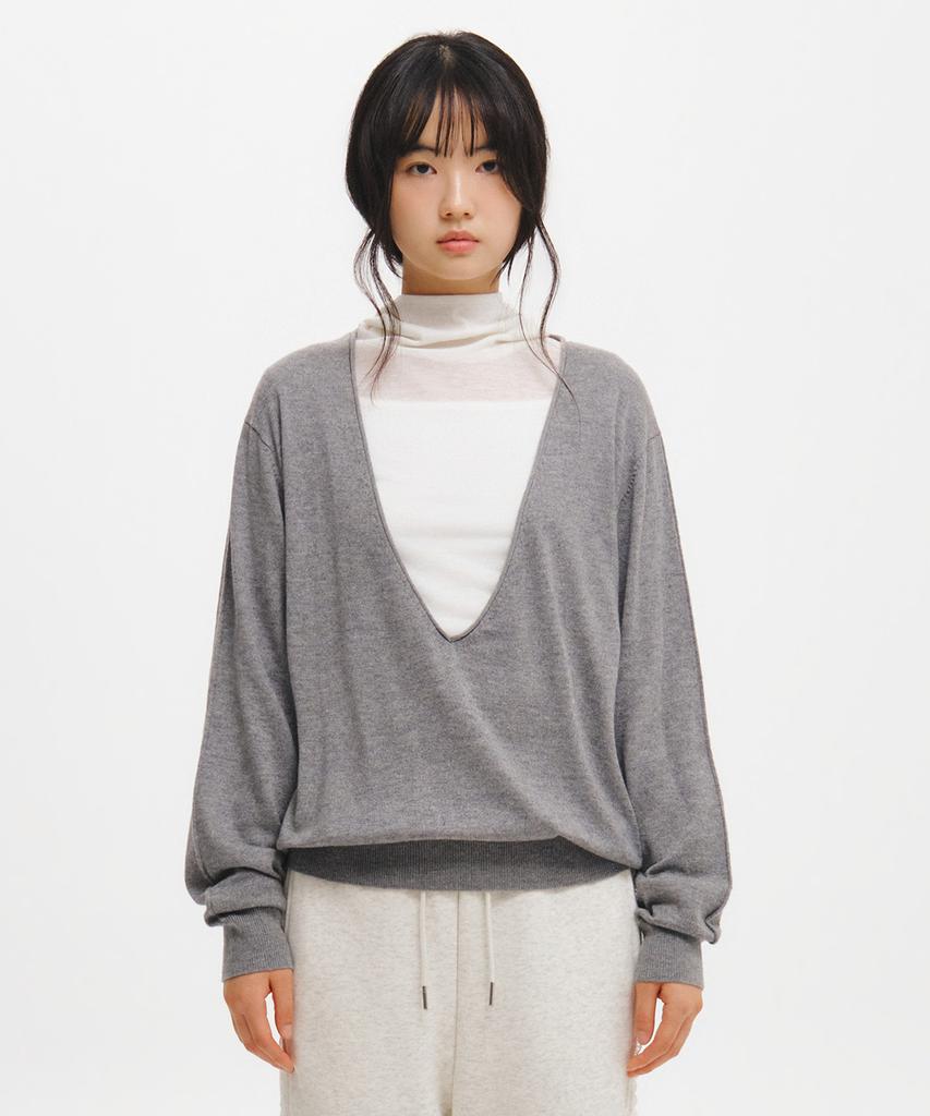GENERALIDEA [Suyeon Pick] Deep V-Neck Loose Fit Knit Pullover [Melange Grey] / Gf3Lkp506