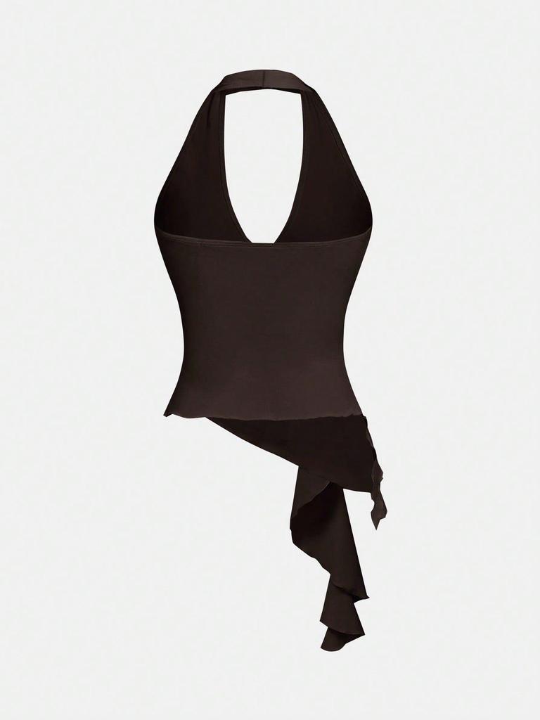 Halter Deep V Slim Fit Open Back Top with Metal Buckle for Women