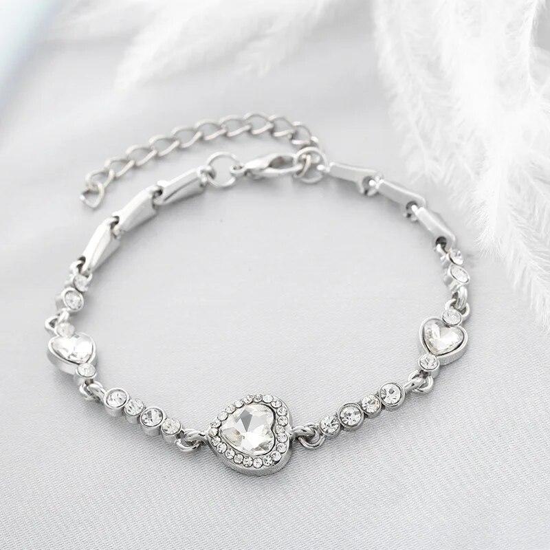 4 Colors Lucky Bracelet For Female Girls Blue Pink Rhinestone Heart Charm Bracelet Ladies Bridal Wedding Senior Jewelry Gifts