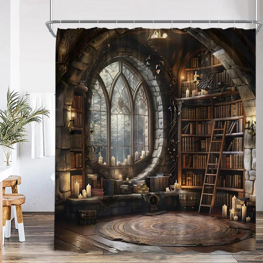 Vintage Library Shower Curtain Medieval Study Antique Castle Bath Decoration Study Theme Polyester Shower Curtain