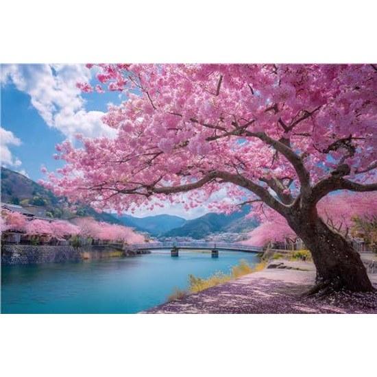 300-piece puzzle - cherry blossoms are full bloom along banks Kansai River creating breathtaking spring scene. gift family friends 40cm x 28cm.