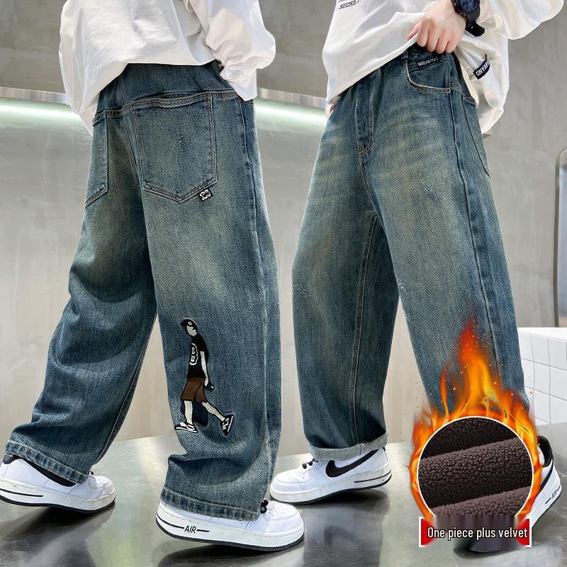 Chlapecké zateplené zimní džíny s fleecovou podšívkou - Teplé bavlněné kalhoty pro střední a velké děti (Kolekce 2025)