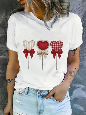 Women'S Valentine'S Day Casual T-Shirt  Anime Heart Pattern with Embossed Flower Design a Must-Have for Summer Parties Trendy