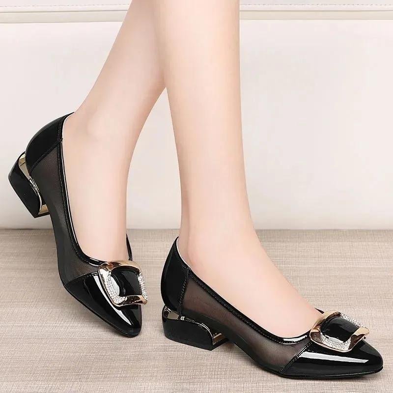 WTEMPO Rhinestone Low Thick Heel Mesh Singe Faux Leather Shoes Women Mesh Breathable Versatile Solid Color Cool Pumps
