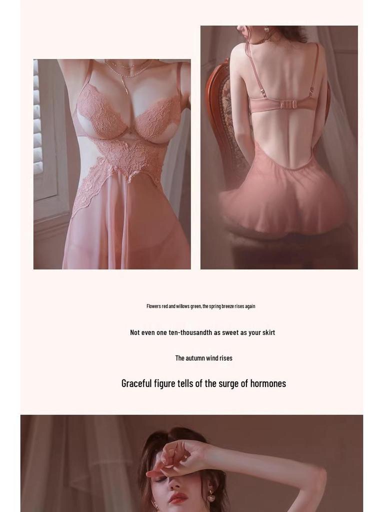 Sensual Mesh Lace Sling Nightdress with Gathered Front and Removable Padding