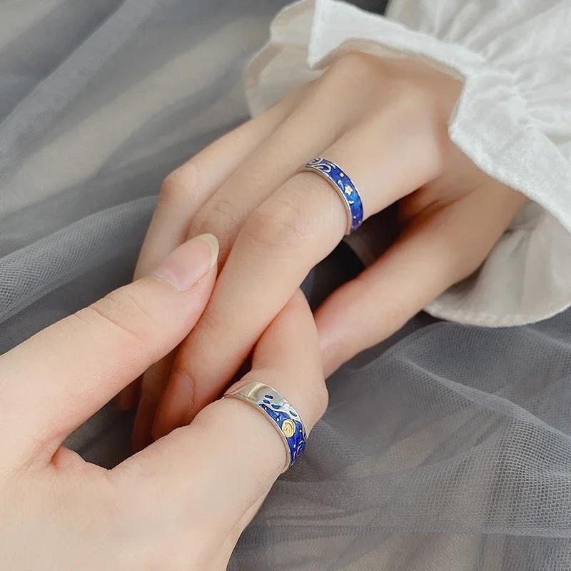 S Couple Van Gogh Night Open Rings For Women Men Simple Fashion Design Copper Color Lovers Blue Starry Sky Ring Party Jewelry