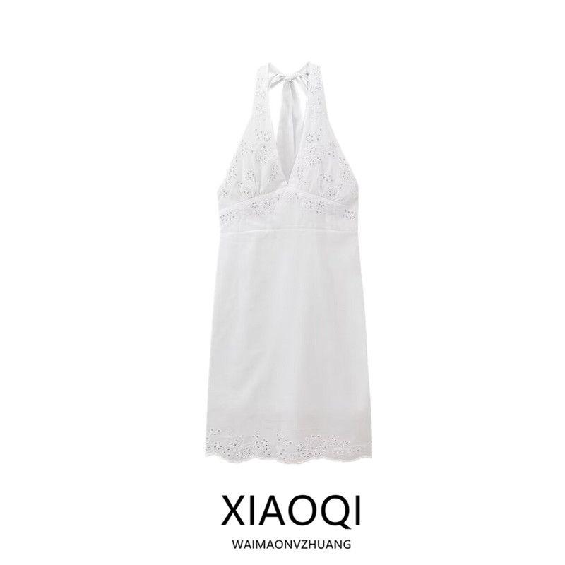 Fashion Style 2024 Summer New Arrival Women's Stylish Hanging Collar Embroider Poplin Dress Short Skirt 0881333