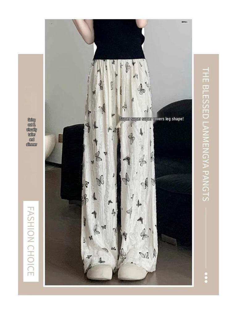 Japanese White Ice Silk Drapey Wide-Leg High-Waist Butterfly Ripped Pants - XS