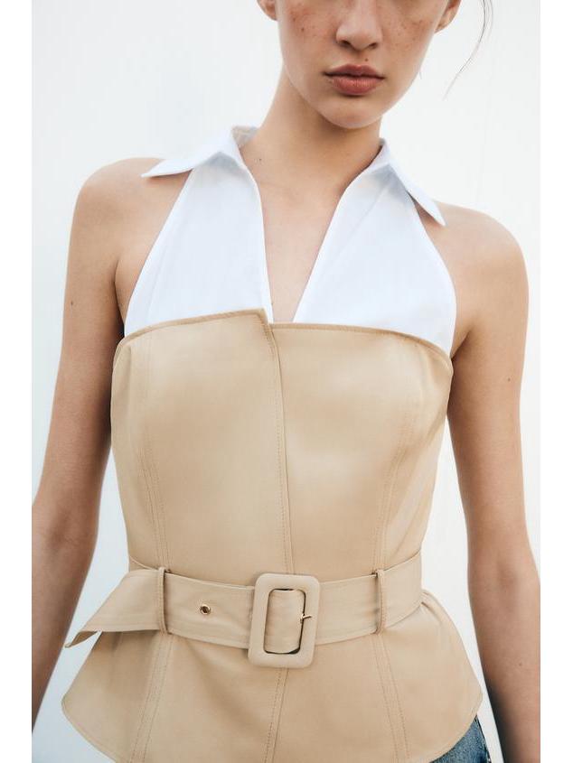 Women's Spring 2025 Belted Turn-Down Collar Sleeveless Wrap Top