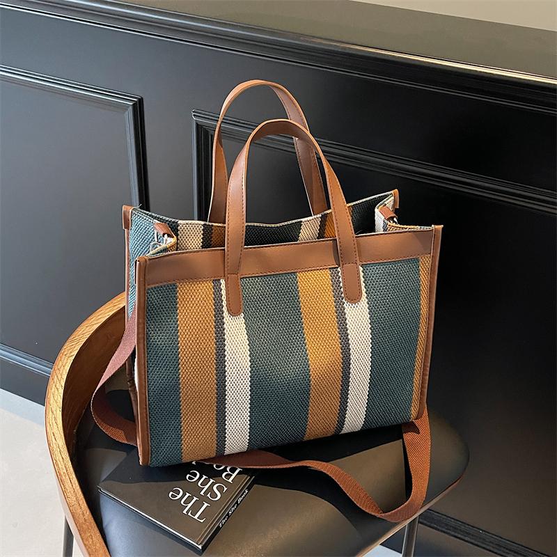 Large Capacity Canvas Bag Hand Carrying Student Class Crossbody Bag Striped Contrast Tote Bag