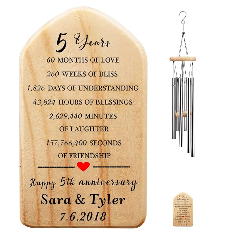 5 Years Anniversary Wind Chime, Happy 5th Anniversary Gift, 5 Years of Marriage, Wood Wedding Anniversary Keepsake for Couples Husband Wife,
