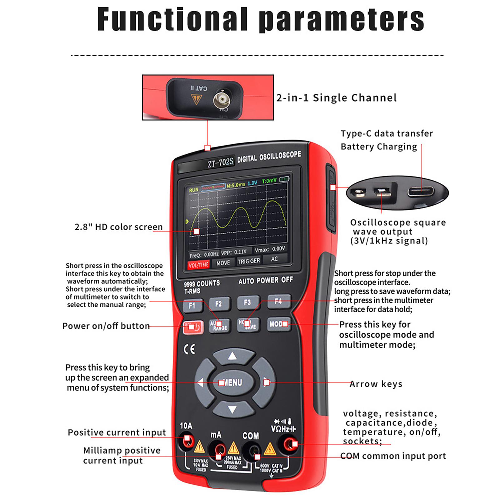 

Digital Oscilloscope Multimeter 48MSaCelsiuss Sampling Rate 10Mhz Bandwidth 9 Counts True 2.8inch Color Display Multimetro with Voltag