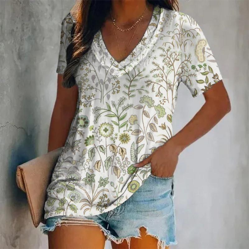 Women's V-Neck Printed Pattern Short-Sleeve T-Shirt Oversized Women's Top Y2K Style Breathable and Refreshing Short-Sleeve