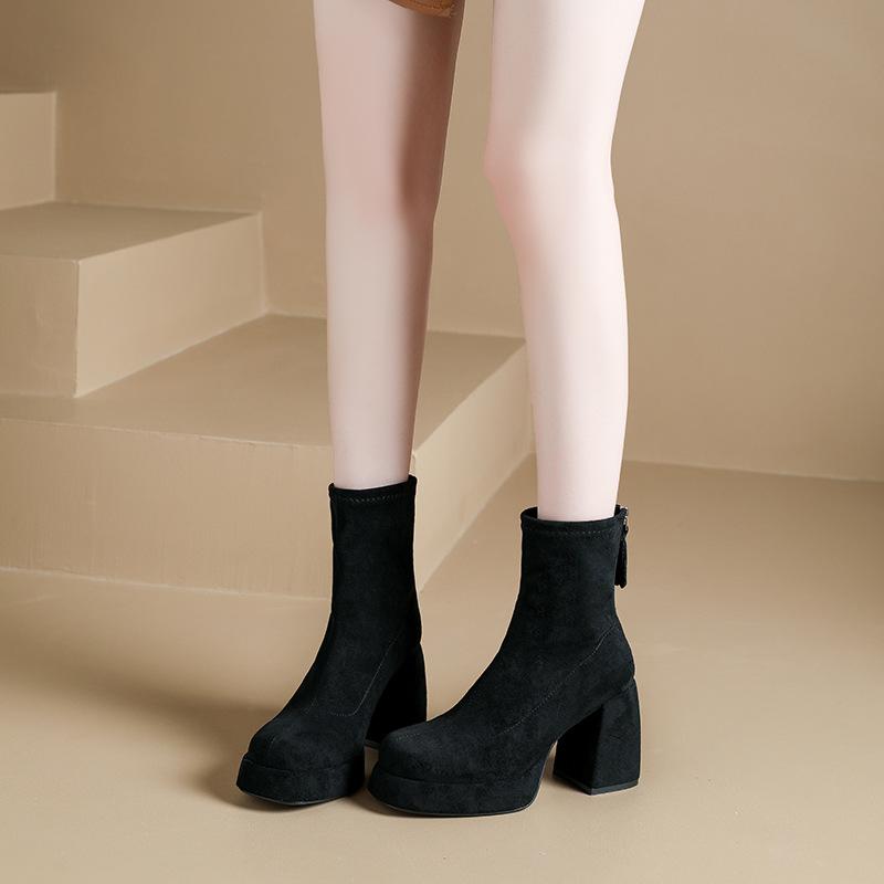 

Флисовые тонкие ботинки женские короткие ботинки новые круглый носок толстый каблук замшевые эластичные ботинки-носки водонепроницаемые настольные теплые и ботильоны 40