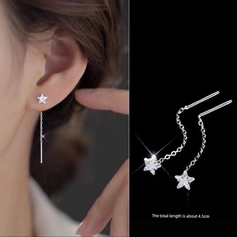 

S999 Sterling Silver Fancy Zircon Tassel Stud Earrings Pentagram 4.5cm(999 Sterling Silver)