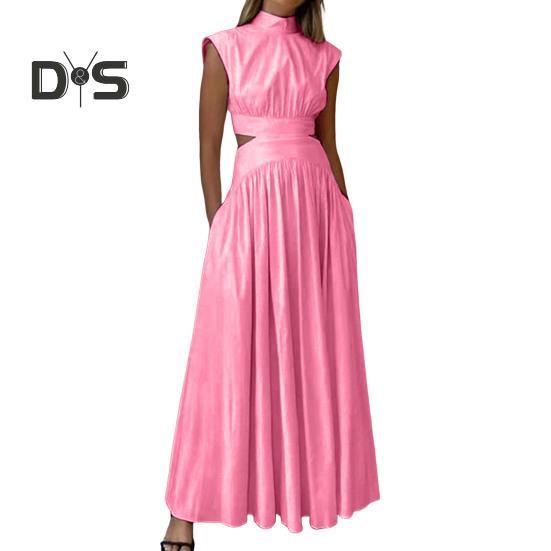 

Жіноча літня довга сукня без рукавів з імітацією горловини та талією, довга сукня-лінія, плісирована коктейльна вечірня сукня S рожевий