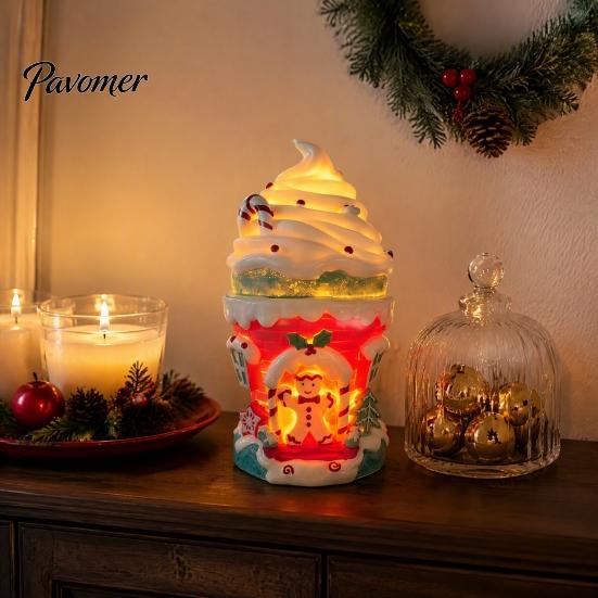 Illuminated Miniature Village House Lighted Ice Cream Christmas Figurine, Candy Gingerbread Decor with LED Whimsical Cabin Ornament Light, Warm Light