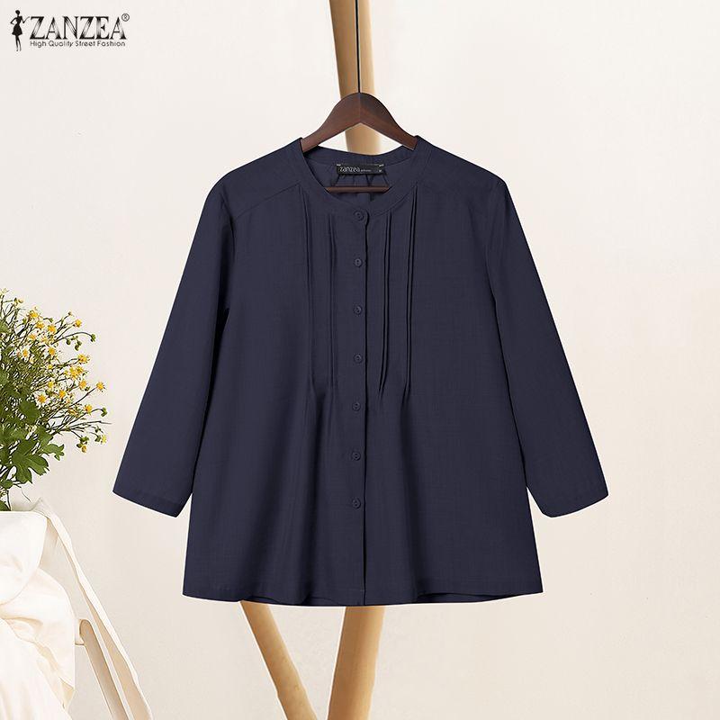ZANZEA Women Casual Round Neck 3/4 Sleeve Loose Blouse