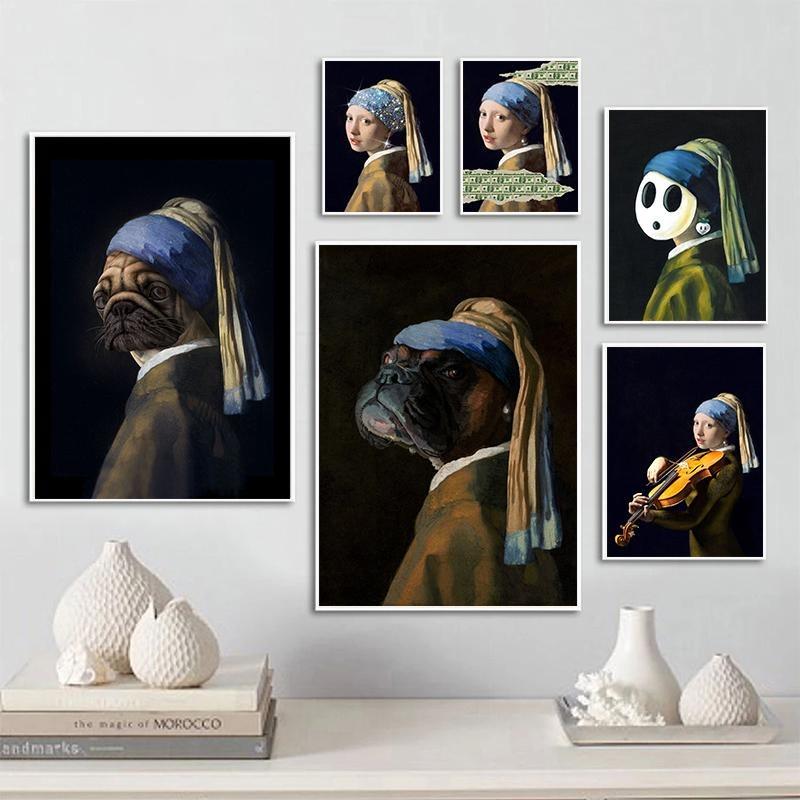 İnci küpeli ünlü kız, posterler, tuval, yağlı boya, komik köpek yavrusu, çiçekler, gitar, oturma odası için duvar sanatı, ev dekoru