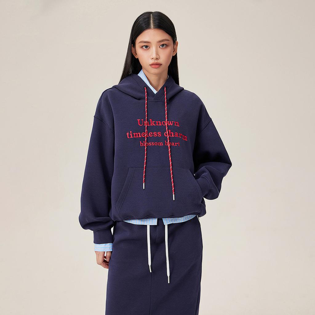 Anno letter embroidered hoodie women's winter hooded drawstring loose pullover top