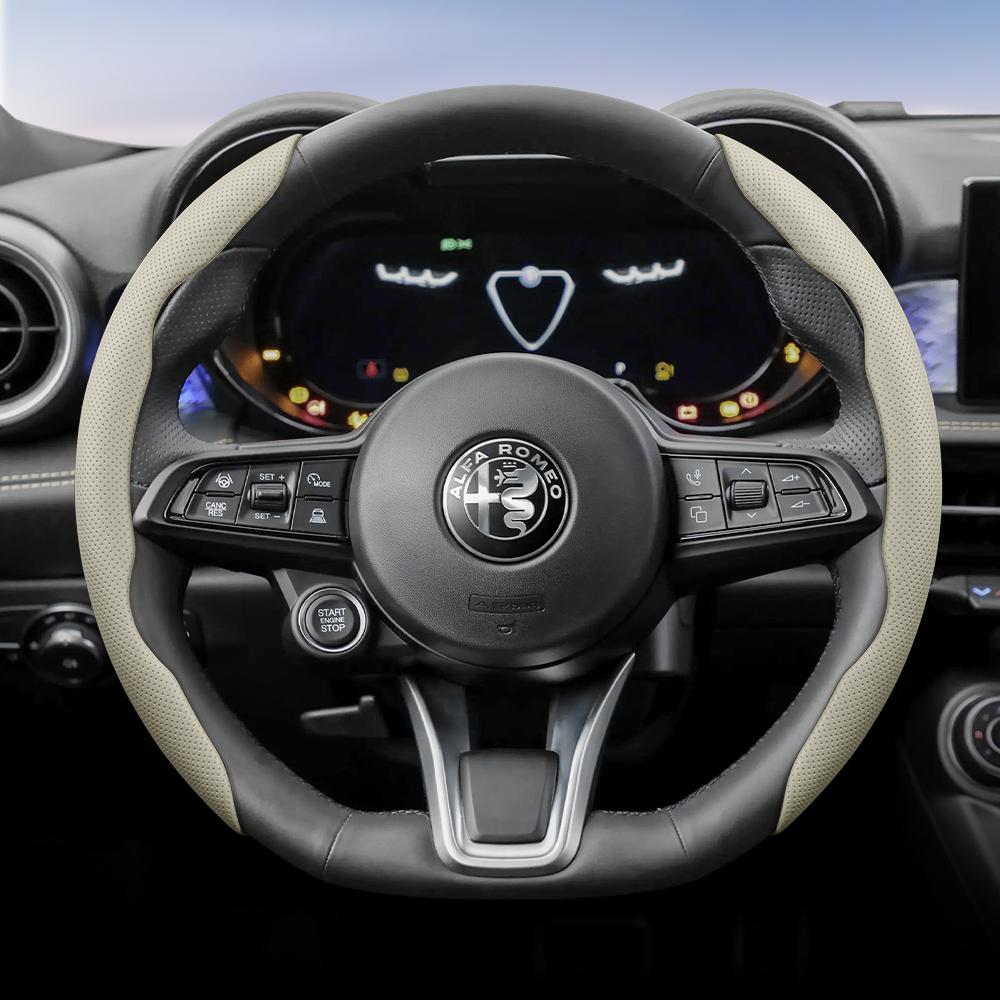 Suitable for Alfa Romeo Breathable Leather Steering Wheel Cover Quick-Release Non-Slip Durable Black