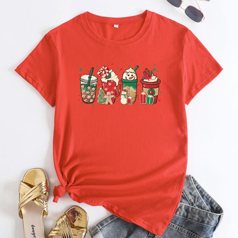 Summer Loose Christmas Print Pure Cotton Round Neck Short Sleeved T-Shirts Women’s