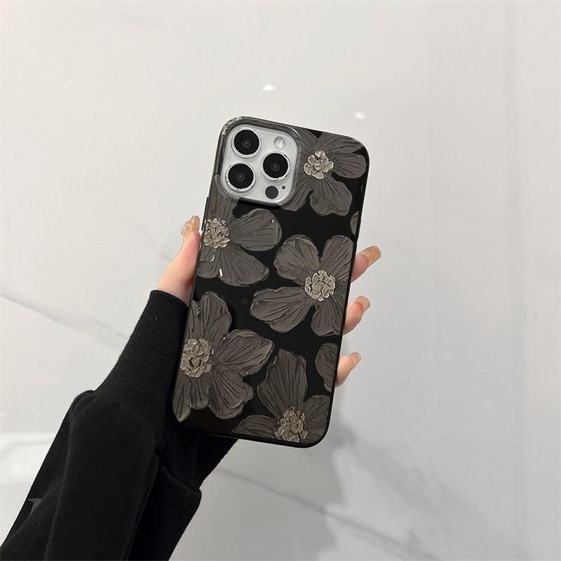 Ins Ölgemälde Schwarze Blume Handyhülle für iPhone 16 16E 15 14 13 12 11 Pro Max XR XS Max SE2 7 8 Plus Stoßfeste Weiche Hülle
