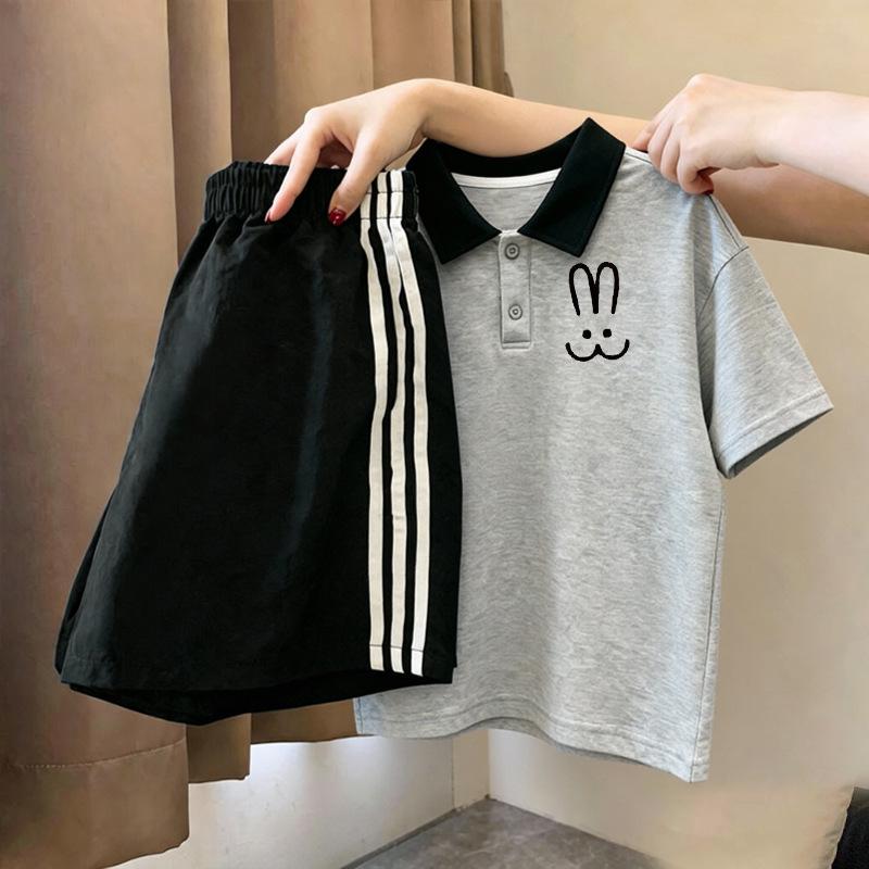 Girls' Trendy Patchwork Lapel T-Shirt & Polo Set - Short-Sleeve, Medium/Large, Versatile Two-Piece Summer Outfit