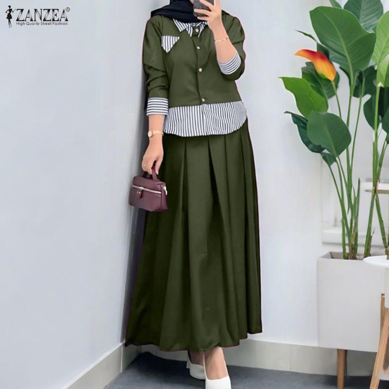 ZANZEA Women Long Sleeve Blouse and Long Skirts Vintage Two Piece Suit Sets