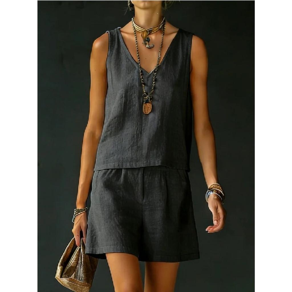 Summer Women Solid 2 Piece Set Casual Sleeveless Linen Cotton Top Vest Shorts Suit Outfit