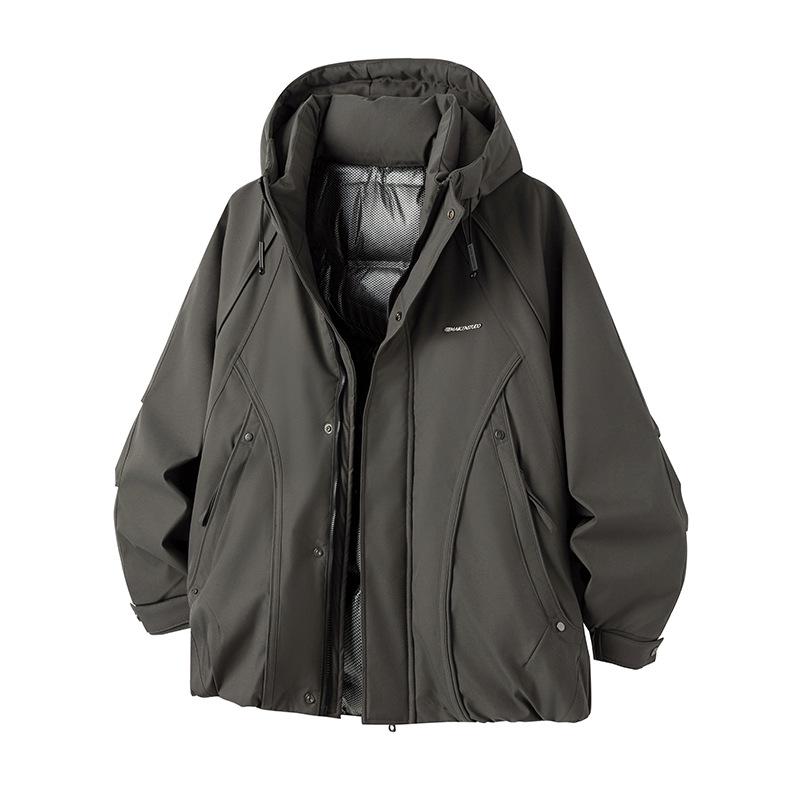 Mu Yuan Men's Deconstructed Hooded Windbreaker Down Jacket - Trendy American Brand Winter Outerwear with White Duck Down.