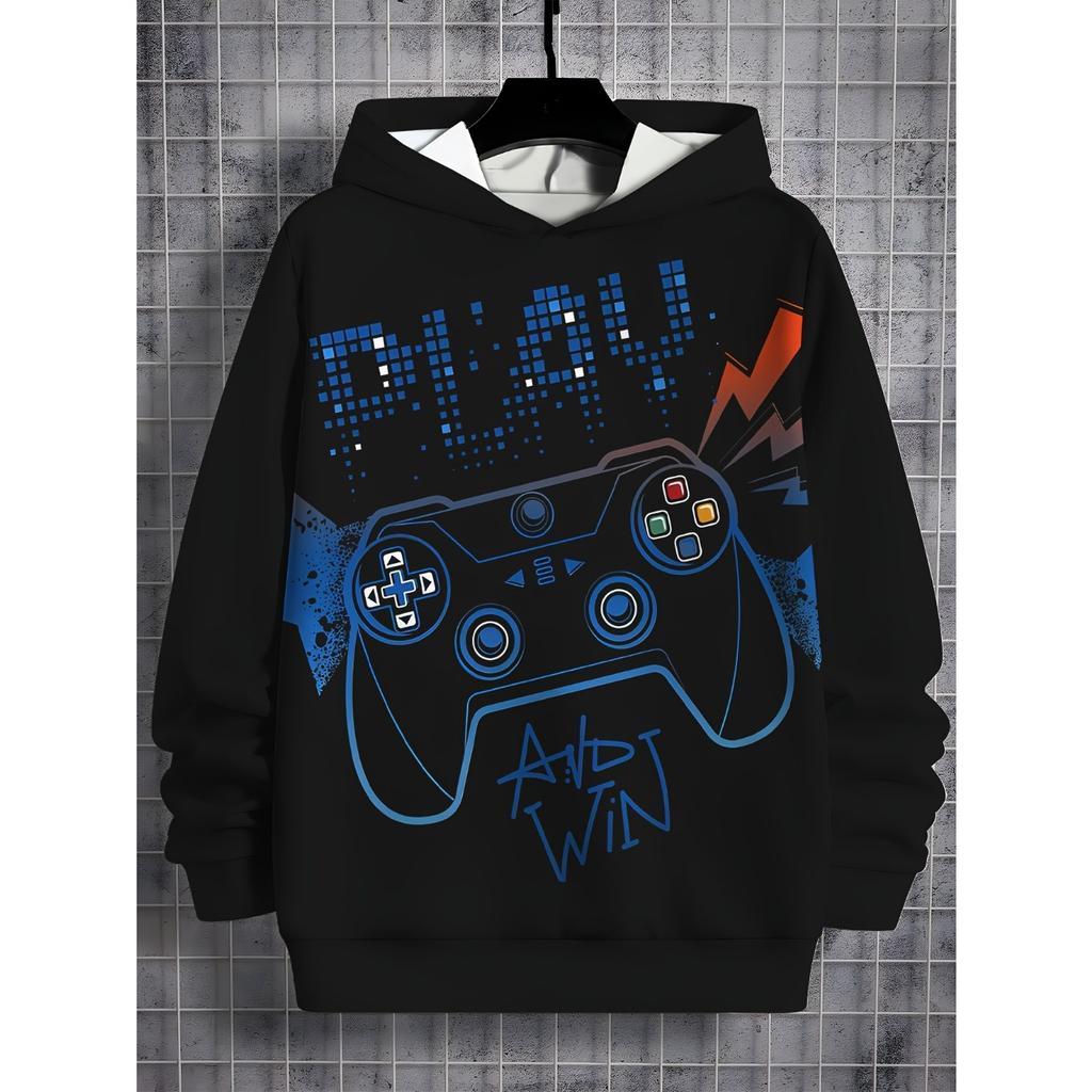 Boys' Black Hoodie with Vibrant Game Console Print - Casual and Comfortable Polyester Blend, Long Sleeves