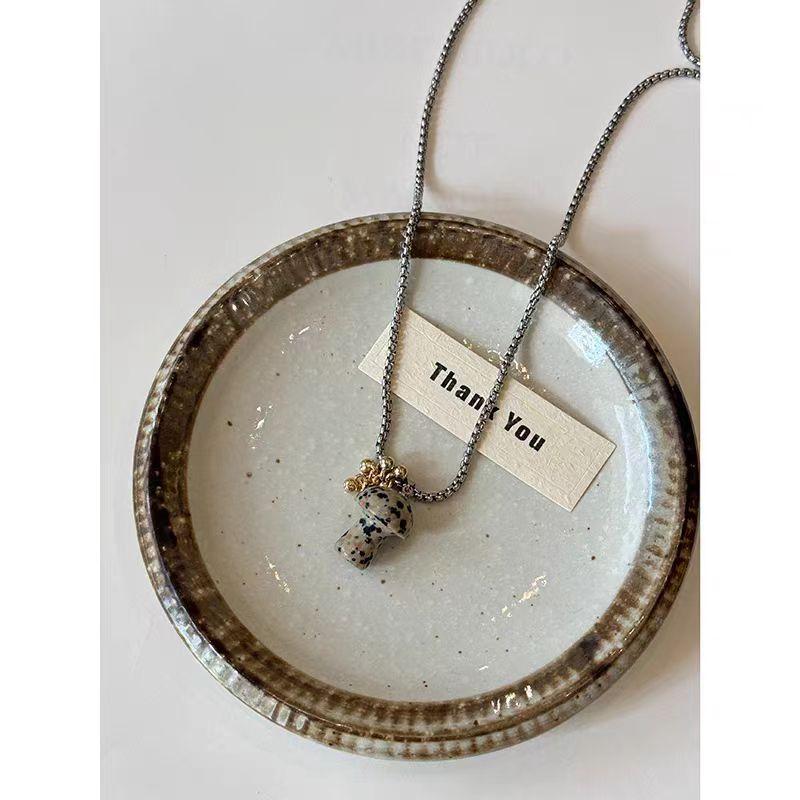 Spotted Tiger's Eye Stone Mushroom Pendant Necklace Delicate Long Clavicle Chain Sweater Chain
