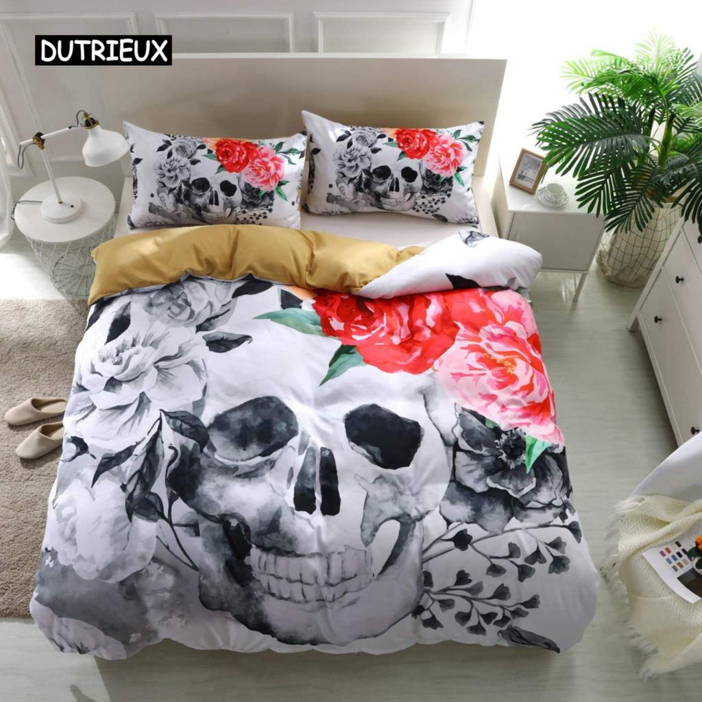 Sugar Skull Duvet Cover Set 3D Printed Gothic Bedding Soft Comforter with Zipper 2 Pillow Shams