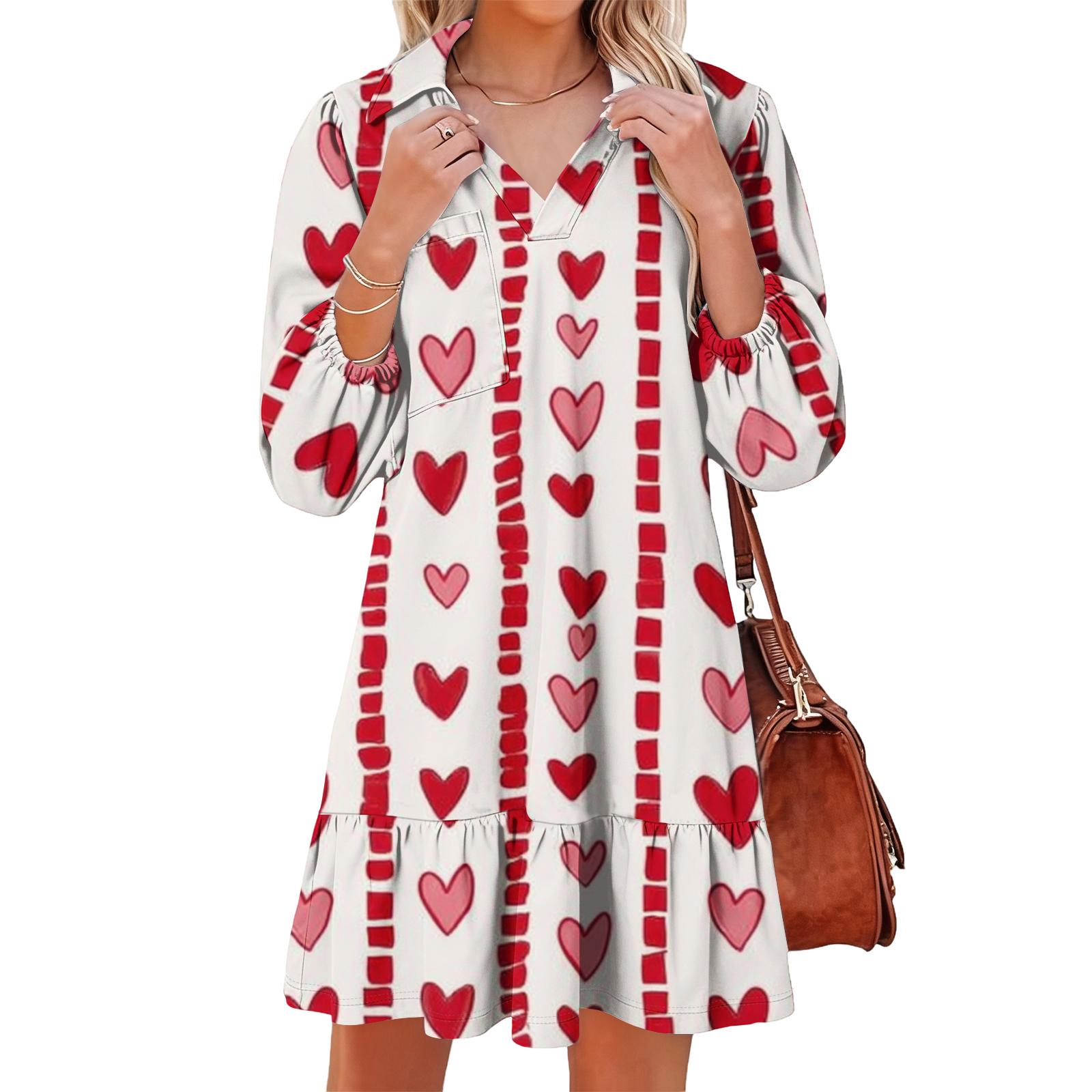

Women s stylish and elegant long-sleeved V-neck pocket heart print dress S