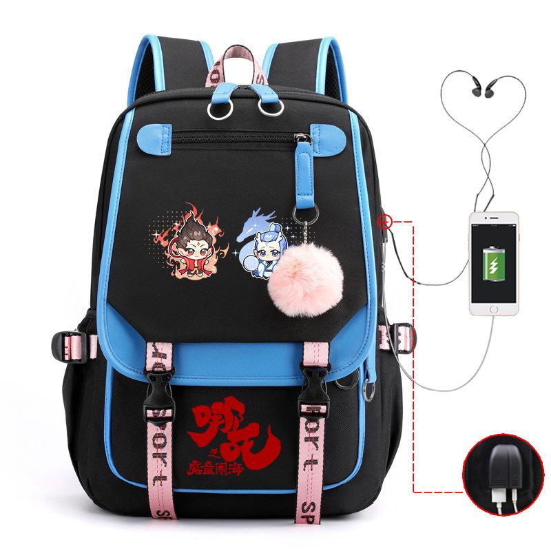 Cartoon Movie Nezha Printing Leisure Burden Reduction Travel Bag Backpack Multi-Function Large Capacity Usb Student Schoolbag