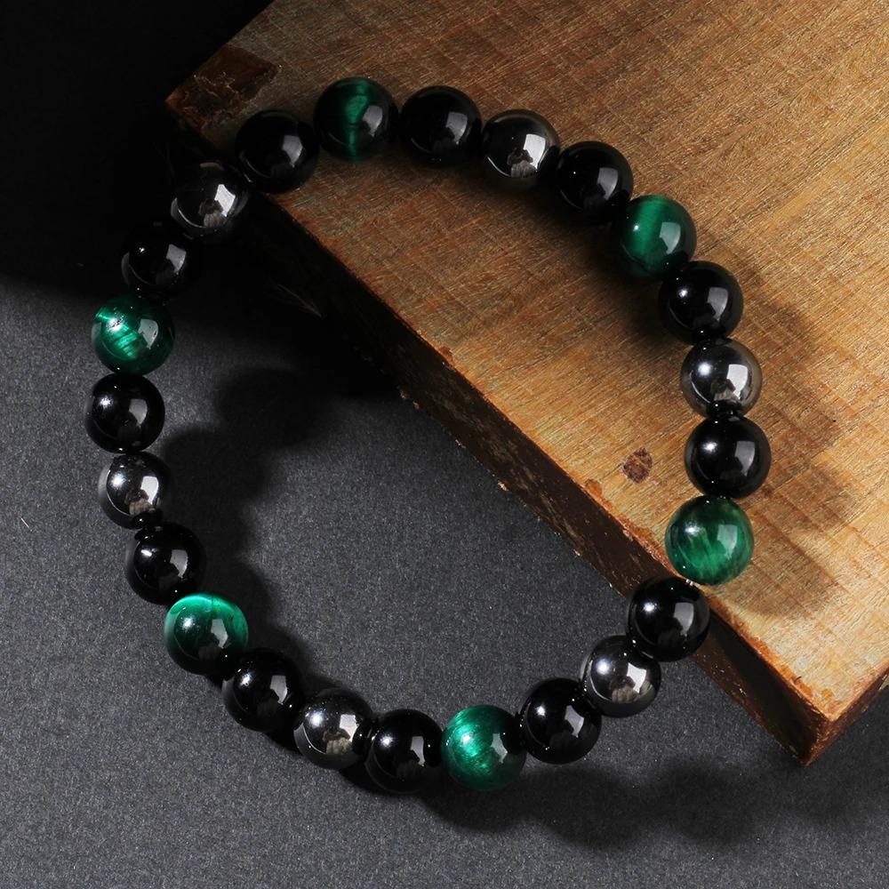 Schutzarmband Damen Herren Schwarzer Onyx Grünes Tigerauge Glücksenergie Armband Schnur Perlen Armbänder