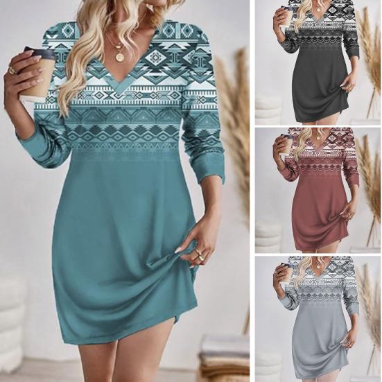 

Женское платье с V-образным вырезом в стиле ретро с геометрическим принтом, градиентным контрастным цветом, свободный пуловер с длинными рукавами, мягкий дышащий женский мини-платье длиной выше колена L красный