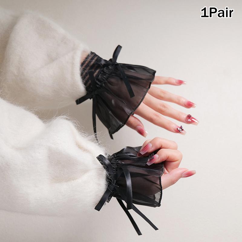 1Pair Nail Art Lace Tulle Photo Glove Fake Pleated Cuff Ribbon Bow Manicure Photography Props Nail Tips Display Lolita Sleeves