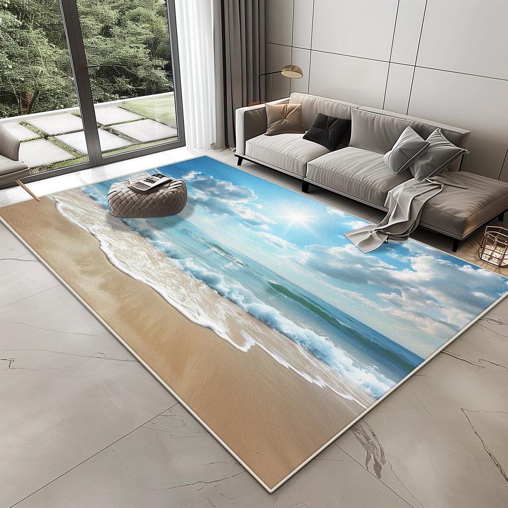 3D Vision Seaside Design Carpet for Living Room Home Decoration Modern Bedroom Rug Lounge Non-slip Washable Plush Floor Mat Soft